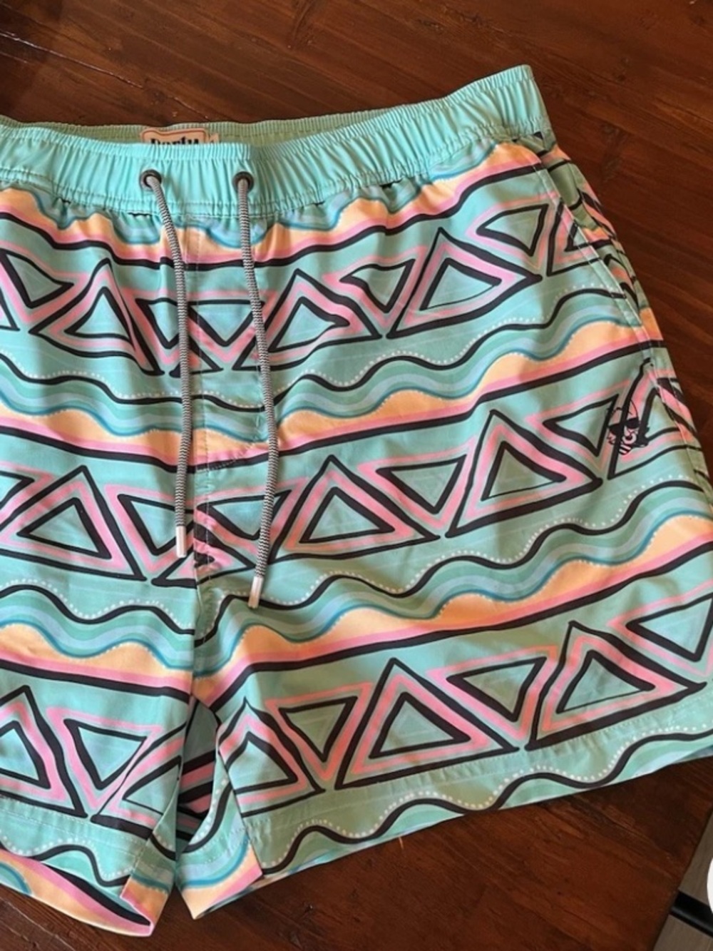 Party Pants Men's Festival Swim Shorts Trunks - Cyan / Neon Geometric - Size XL